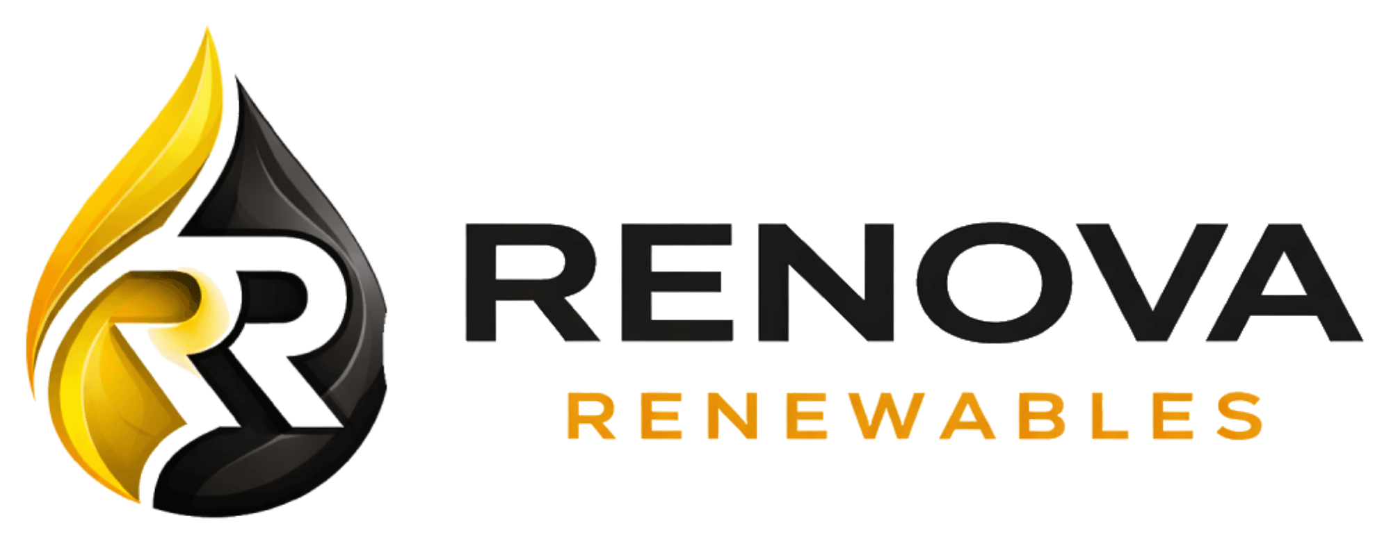 Renova Renewables logo, a black and gold stylized R with a drop shape.
